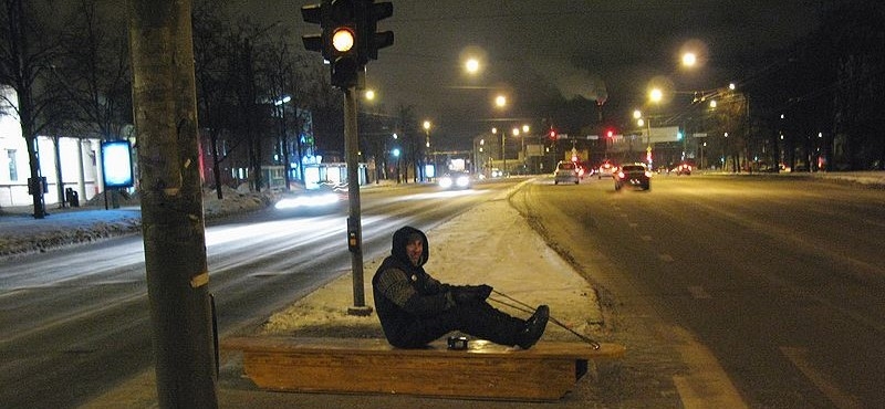 Ernest Truely of Polymer and Error collective aboard Mari Keski-Korsu’s firewood sledge vers. 2, photograph by Mari Keski-Korsu