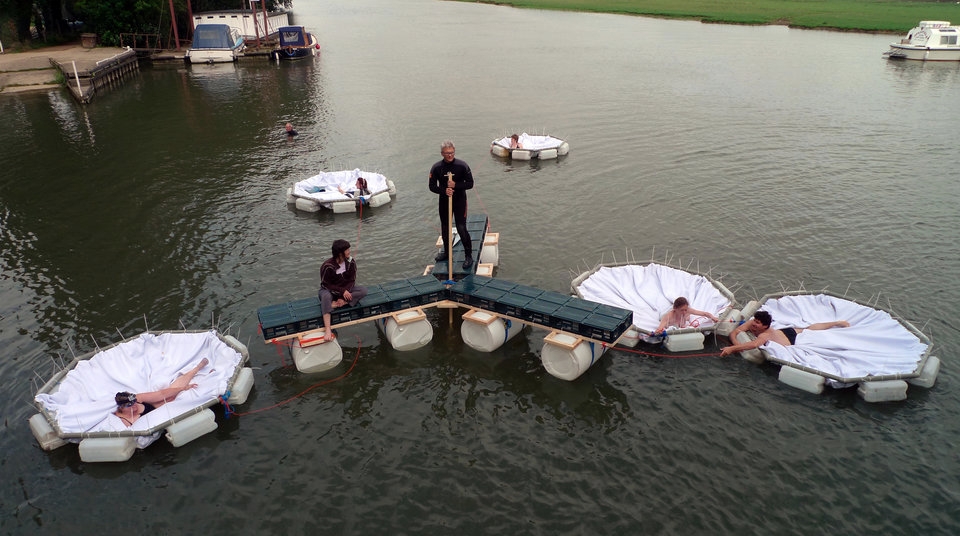 Structures for unusual swimming methods: Jellyfish Lilies and Floatable Platform Nomeda and Gediminas Urbonas with Tracey Warr and Giacomo Costagnola. River Runs, 2012. Image courtesy of the artists.