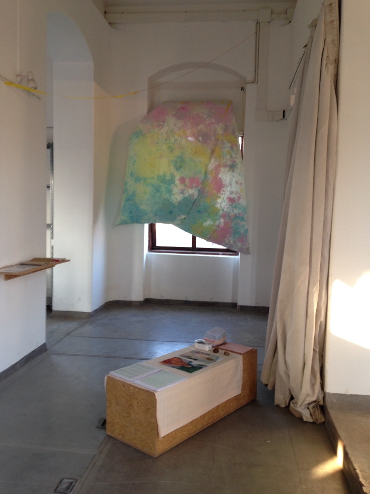 exhibition view, Merike Estna traveling painting installed on AC