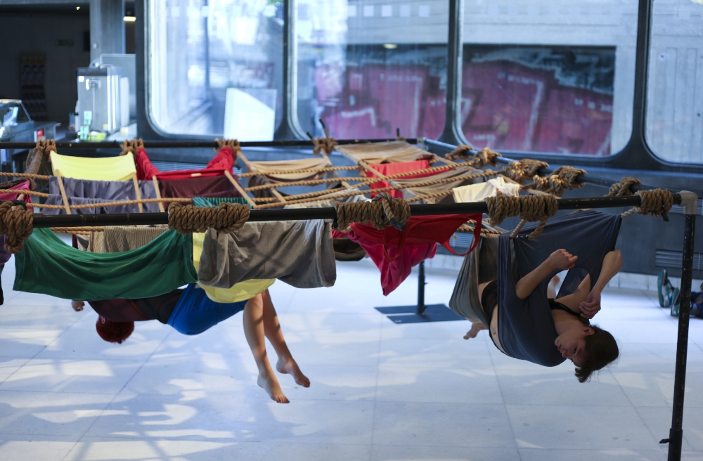 Floor of the Forest (1970), a choreographic installation by Trisha Brown. Performed by dancers from Trinity Laban Conservatoire of Music and Dance, at the Southbank Centre, London, 2010. © John Mallison / Trisha Brown Dance Company 