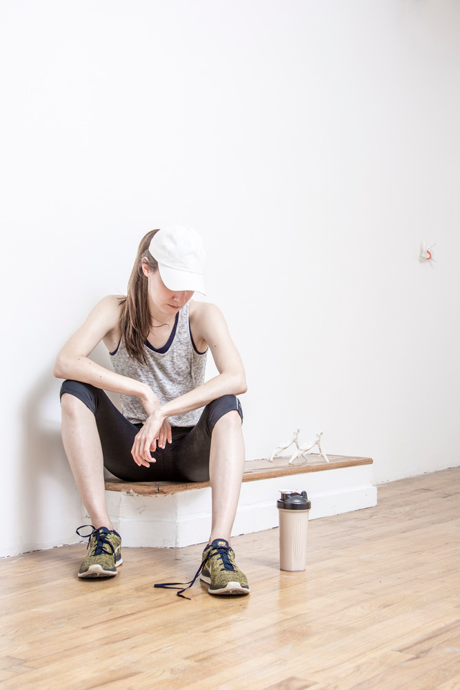 The Metaphysics of the Runner, 2014. Exhibition view at 321 Gallery, Brooklyn, New York. Photo: Daniel Terna, model: Stephanie Harris