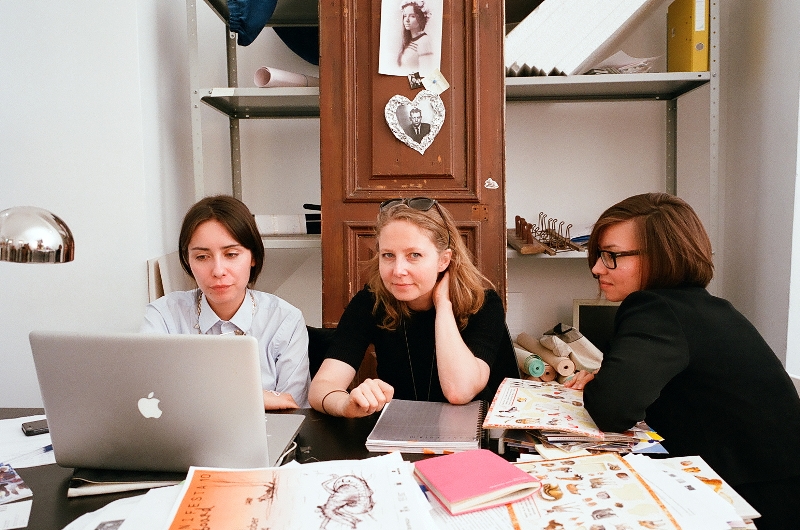 Manifesta Office, Joanna Warsza at work (middle), together with two curatorial assistants Yana Mikhalina (left) and Albina Yarulina (right). Photograph by Nikita Shokhov.