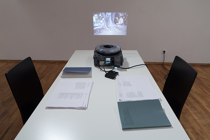 Petra Köhle & Nicolas Vermot Petit-Outhenin - There where I should have been yesterday. I am here today, 2006-12. Simultaneous lecture. Performative setting with slide projection, texts, prints, table, chairs